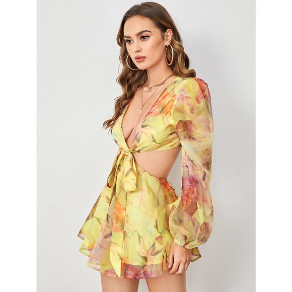 boho Lantern Sleeve Knot Cutout Waist Chiffon Romper - Picture 6 of 11